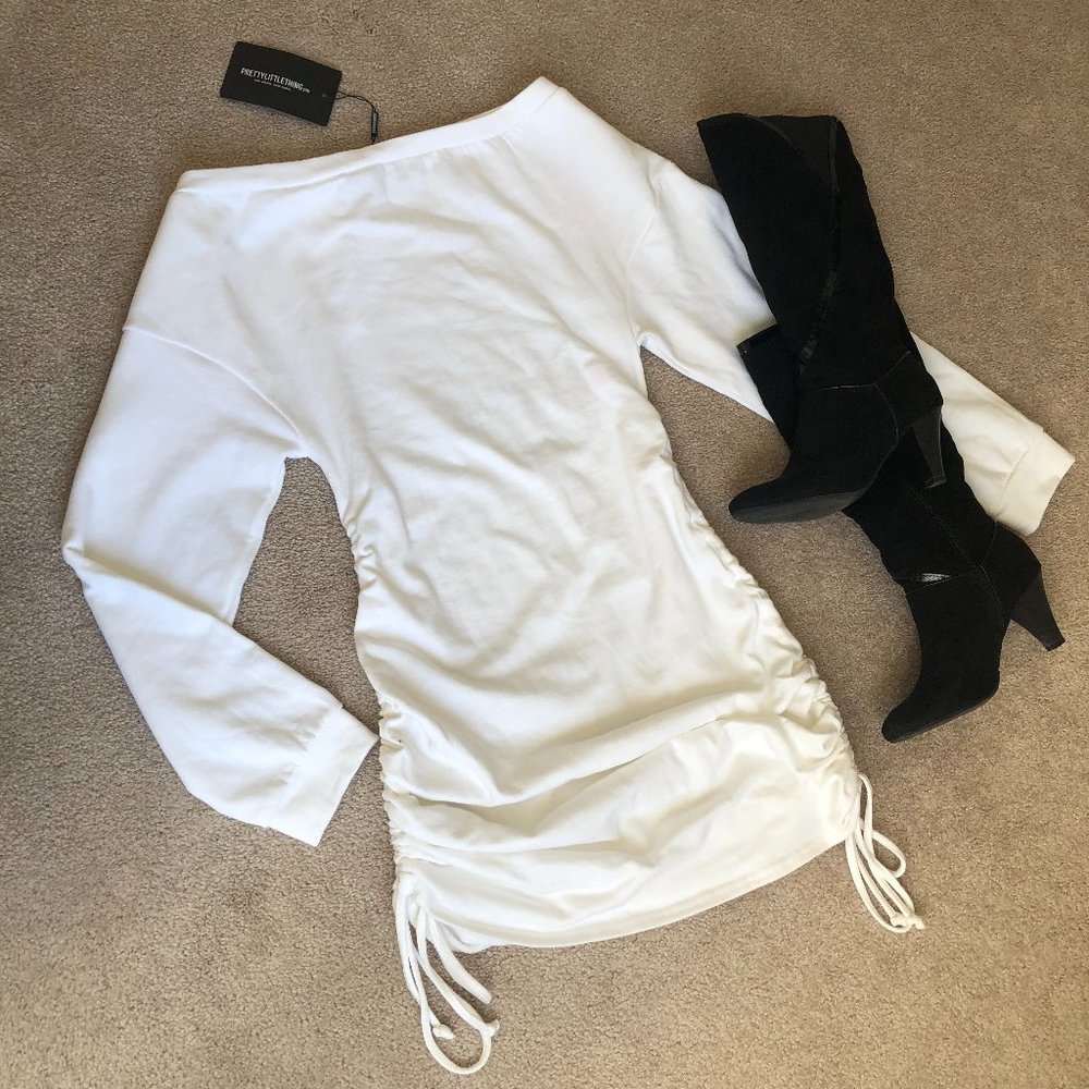 PrettyLittleThing white ruched side dress size 4